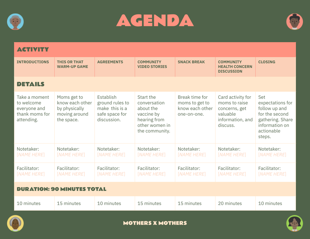 Preview of agenda for Moms x Moms campaign
