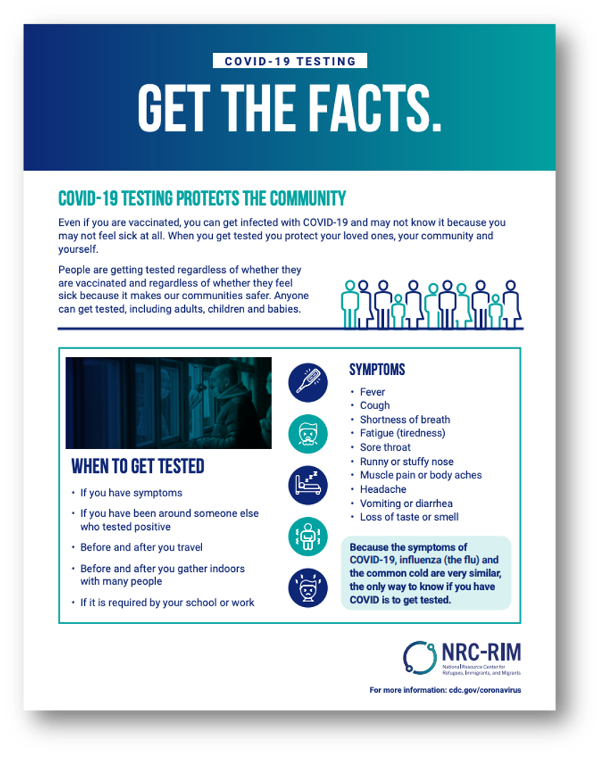 Preview of testing fact sheet that explains the importance of getting tested for COVID-19 regardless of whether you are vaccinated.