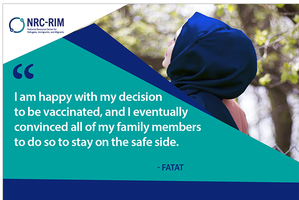 Girl looking away from camera with quote overlay saying, "I am happy with my decision to be vaccinated, and I eventually convinced all of my family members to do so to stay on the safe side."