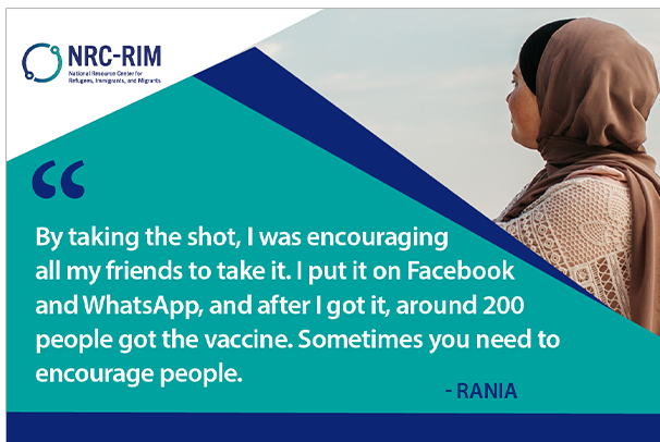 Girl looking away from camera with quote overlay saying, "By taking that shot, I was encouraging all my friends to take it. I put it on Facebook and WhatsApp, and after I got it, around 200 people got the vaccine. Sometimes you need to encourage people."