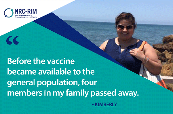 Kimberley photographed with a quote overlay saying "Before the vaccine became available to the general population, four members in my family passed away."