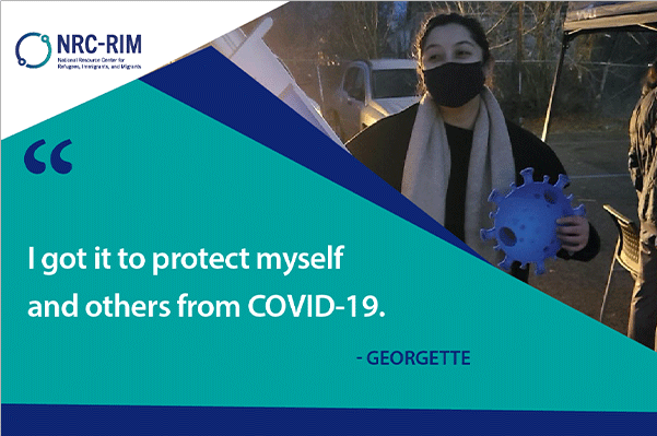 Georgette photographed with a quote overlay saying "I got it to protect myself and others from COVID-19."