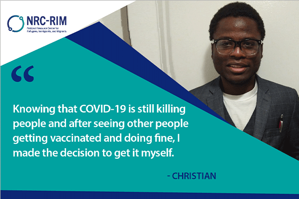 Christian photographed with a quote overlay saying "Knowing that COVID-19 is still killing people and after seeing other people getting vaccinated and doing find, I made the decision to get it myself."
