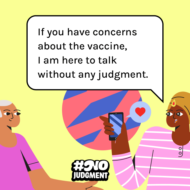 Two animated people with speech bubble that says, "If you have concerns about the vaccine, I am here to talk without any judgment."