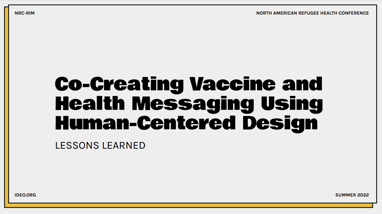 Cover presentation slide titled "Co-Creating Vaccine and Health Messaging Using Human-Centered Design